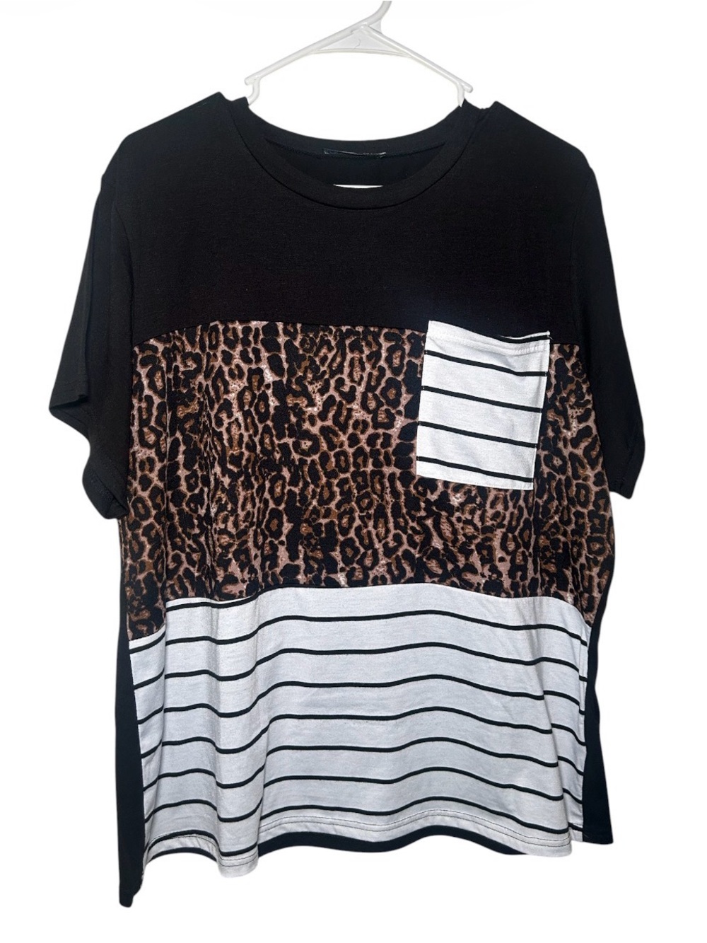 Emery Rose Colorblock Leopard & Stripe Tee Black Brown White Short Sleeve Comfor